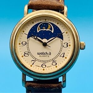 WATCH IT By NELSONIC Women’s Vintage Moon Phase Wristwatch Works New Batt/Strap